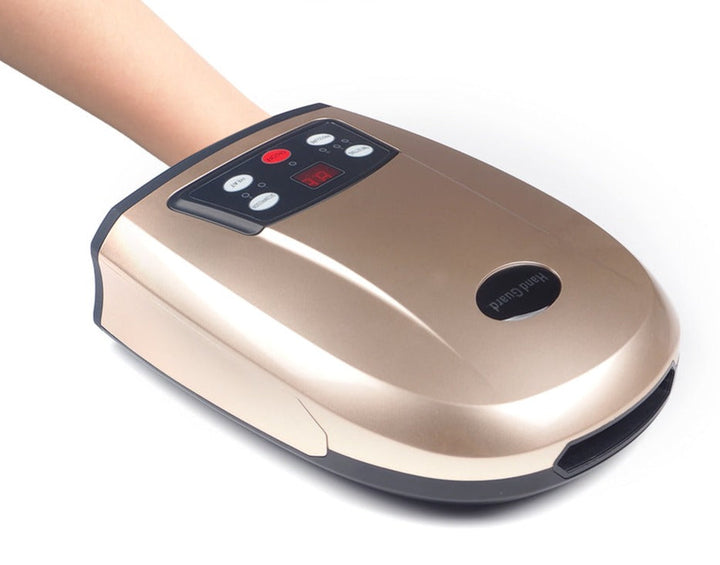 Kabelloses Handmassagesystem in Weiß mit Luftkompression und Wärmetherapie, ergonomisches Design, ideal für zu Hause.