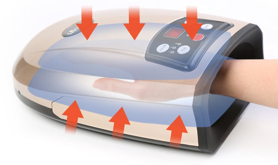 Kabelloses Handmassagesystem in Weiß mit Luftkompression und Wärmetherapie, ergonomisches Design, ideal für zu Hause.