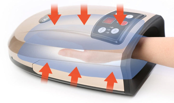 Kabelloses Handmassagesystem in Weiß mit Luftkompression und Wärmetherapie, ergonomisches Design, ideal für zu Hause.