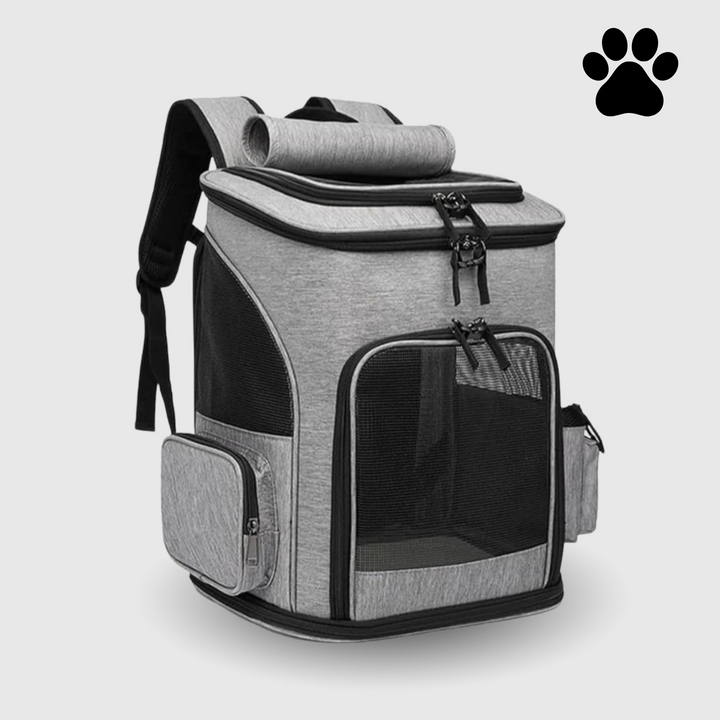 "Katzenrucksack mit Sichtfenster und Belüftung für bequeme Reisen im Wald, stilvolles Design, graue Farbe"