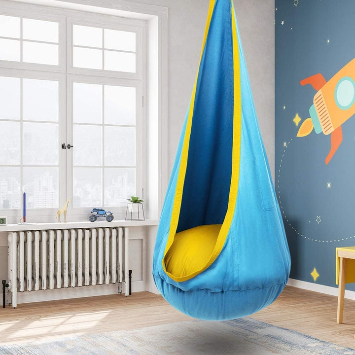 Kinder-Hängesessel mit Luftkissen, perfekt für drinnen und draußen; Blau/Grün, sanfte Schaukelbewegung, 70x150cm.