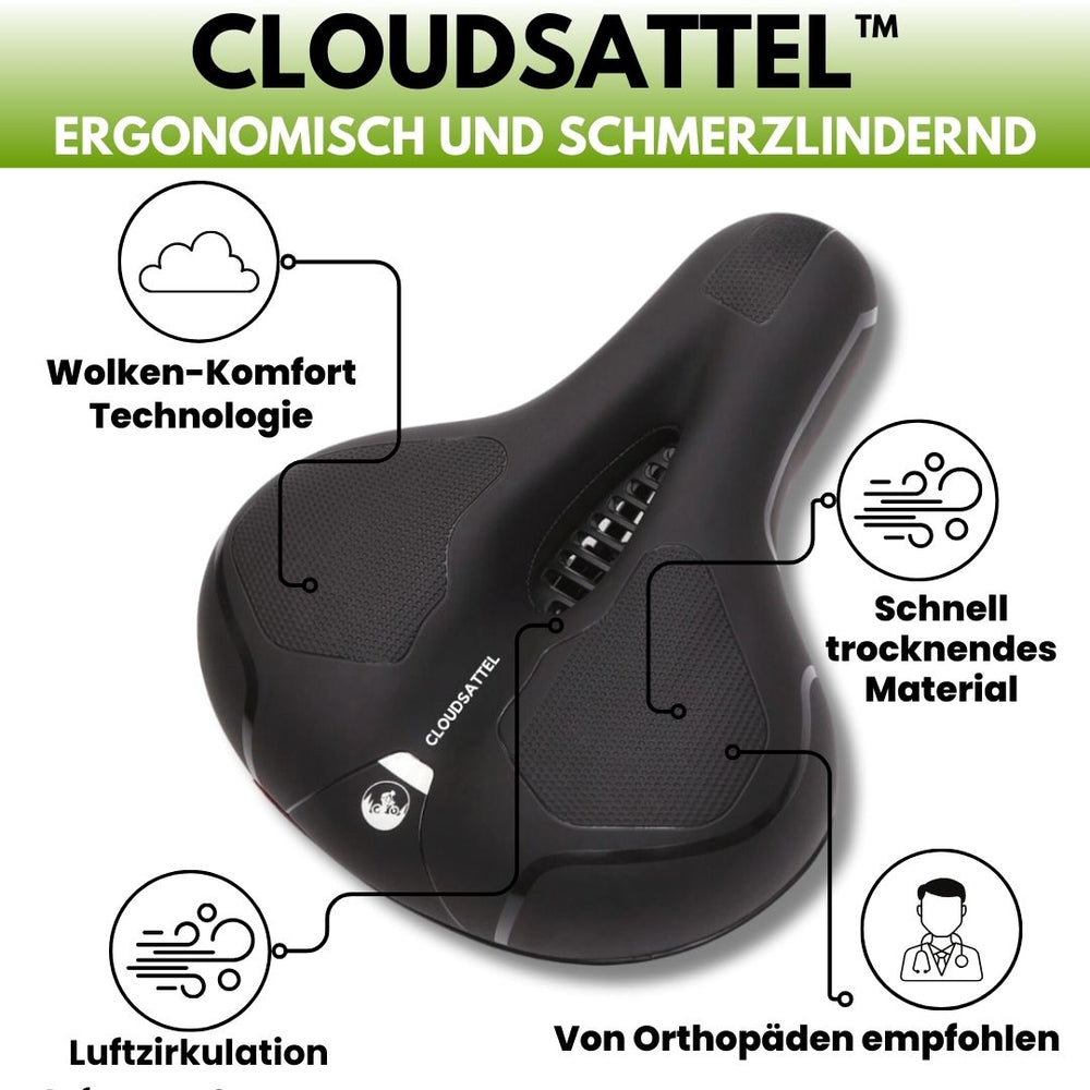 "Komfortabler, reflektierender Fahrradsattel in Schwarz, wetterbeständig, mit optimaler Belüftung für schmerzfreies Fahren."