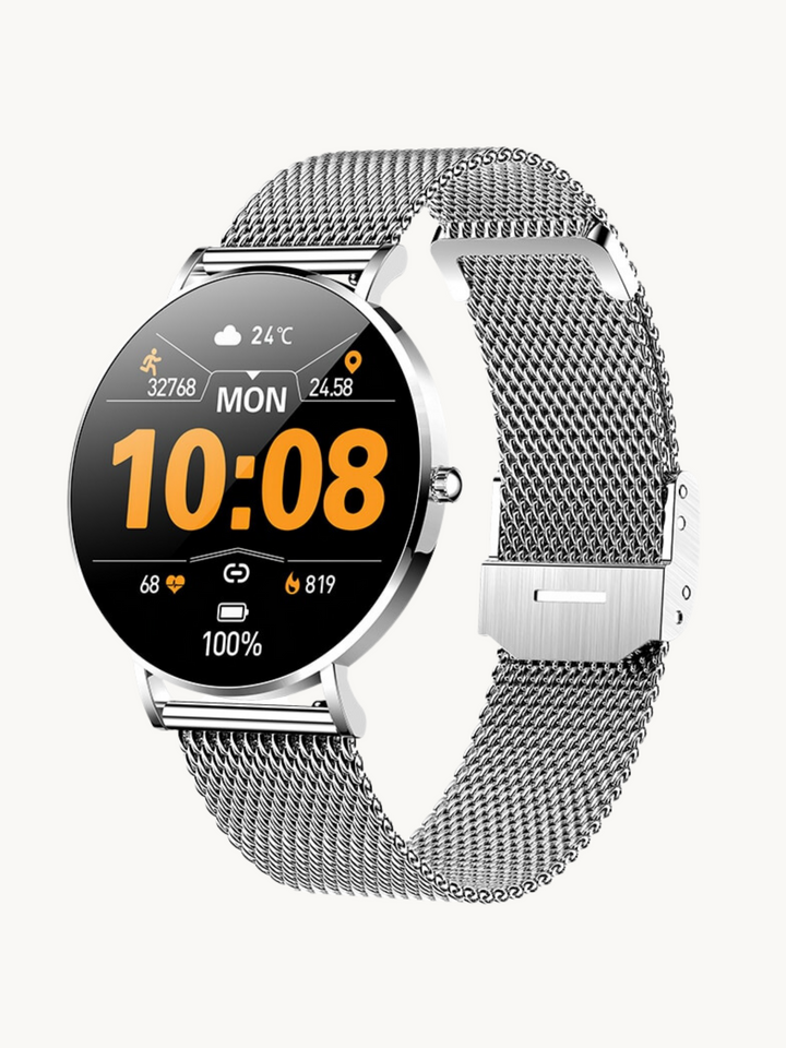 "Kompakte, elegante Smartwatch mit ultradünnem Design und Mesh-Armband, perfekt für jeden Stil, AMOLED-Display."