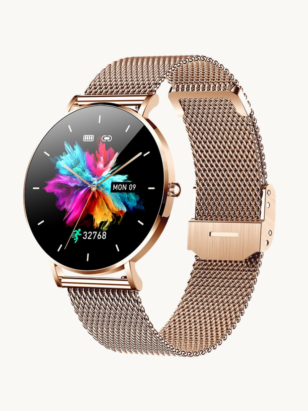 "Kompakte, elegante Smartwatch mit ultradünnem Design und Mesh-Armband, perfekt für jeden Stil, AMOLED-Display."