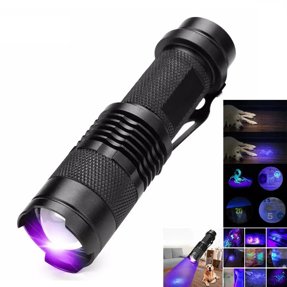 "Kompakte LED UV-Zaklamp, Aluminium, für Fleckenerkennung, ideale tragbare Inspektionslampe, Vorderansicht, 395 nm"