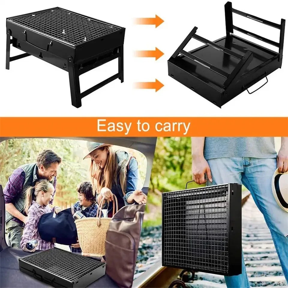 "Kompakter Edelstahl-Holzkohlegrill: faltbar, langlebig, ideal für Camping, Strand und Garten. Hochwertig und mobil."