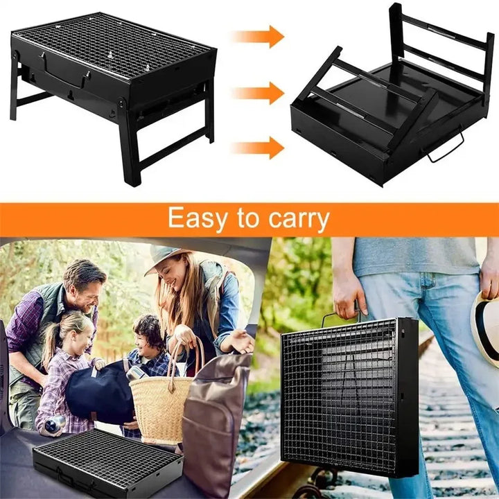 "Kompakter Edelstahl-Holzkohlegrill: faltbar, langlebig, ideal für Camping, Strand und Garten. Hochwertig und mobil."