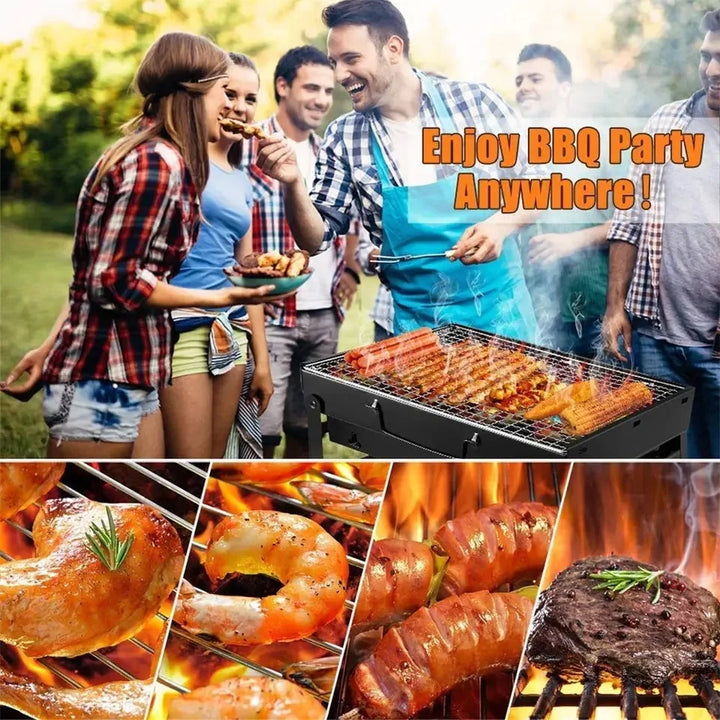 "Kompakter Edelstahl-Holzkohlegrill: faltbar, langlebig, ideal für Camping, Strand und Garten. Hochwertig und mobil."