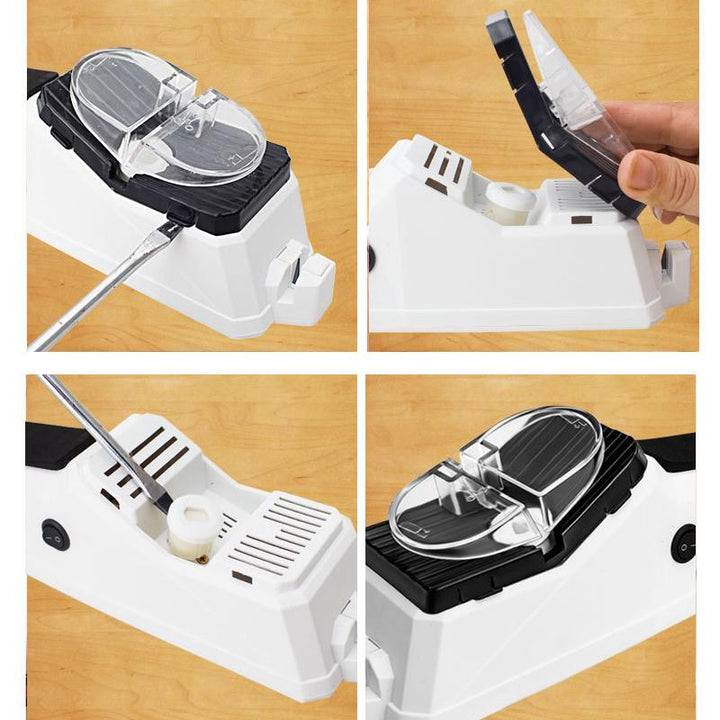 Kompakter elektrischer Messerschärfer für Küche, effizientes Design, USB-Anschluss, für Messer und Scheren geeignet.