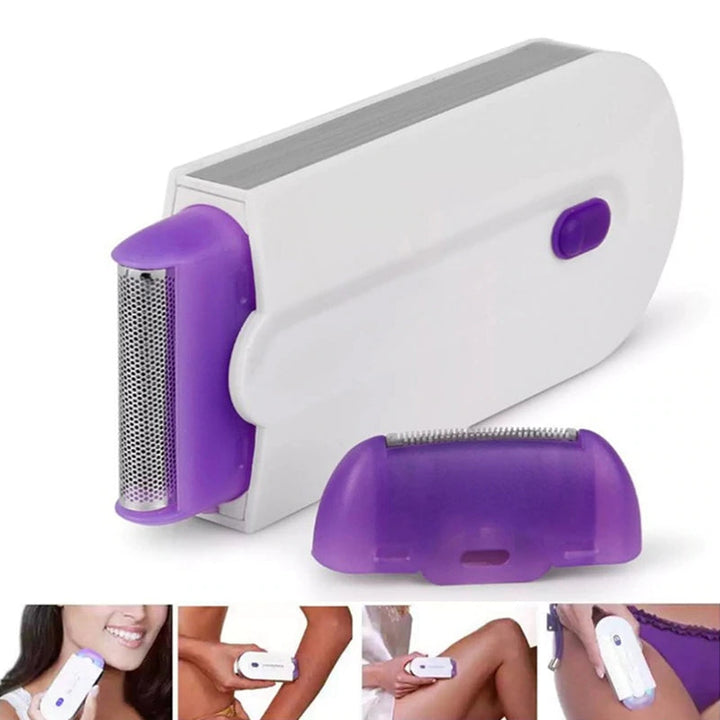 Kompakter kabelloser Rasierer für schmerzfreie Haarentfernung, USB-aufladbar, weißes Design, glatte Oberfläche.