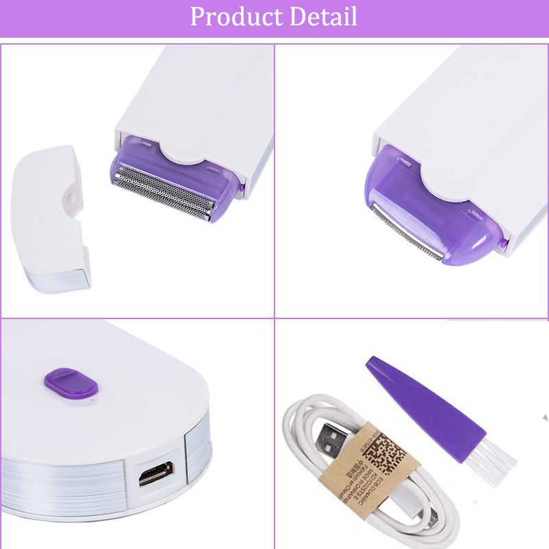Kompakter kabelloser Rasierer für schmerzfreie Haarentfernung, USB-aufladbar, weißes Design, glatte Oberfläche.