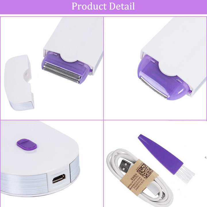Kompakter kabelloser Rasierer für schmerzfreie Haarentfernung, USB-aufladbar, weißes Design, glatte Oberfläche.