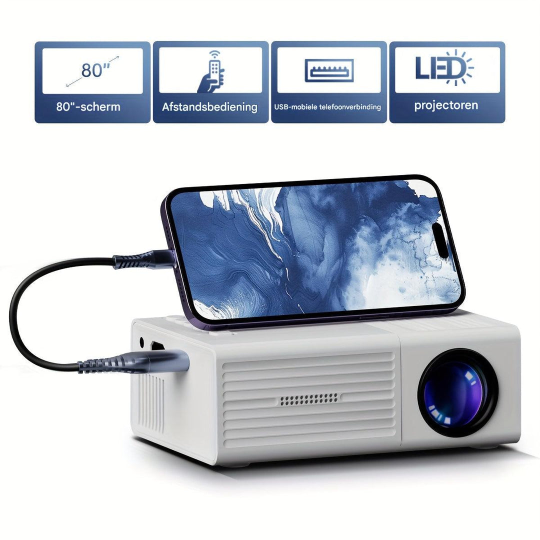 Kompakter Mini-Projektor 3000 Lumen, tragbar, mit vielseitiger Konnektivität, ideal für Heimkino und Präsentationen.