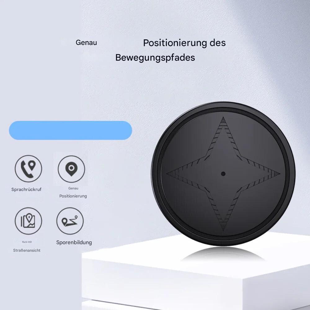 "Kompakter schwarzer GPS-Tracker mit starkem Magneten zur Echtzeit-Ortung von Fahrzeugen, Haustieren und Wertsachen."