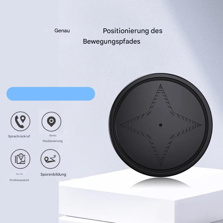 "Kompakter schwarzer GPS-Tracker mit starkem Magneten zur Echtzeit-Ortung von Fahrzeugen, Haustieren und Wertsachen."