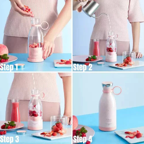 Kompakter Smoothie-Mixer, tragbar, mit Fruchtbehälter und Trinkverschluss, ideal für unterwegs, in modernem Design.