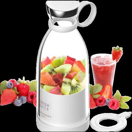 Kompakter Smoothie-Mixer, tragbar, mit Fruchtbehälter und Trinkverschluss, ideal für unterwegs, in modernem Design.