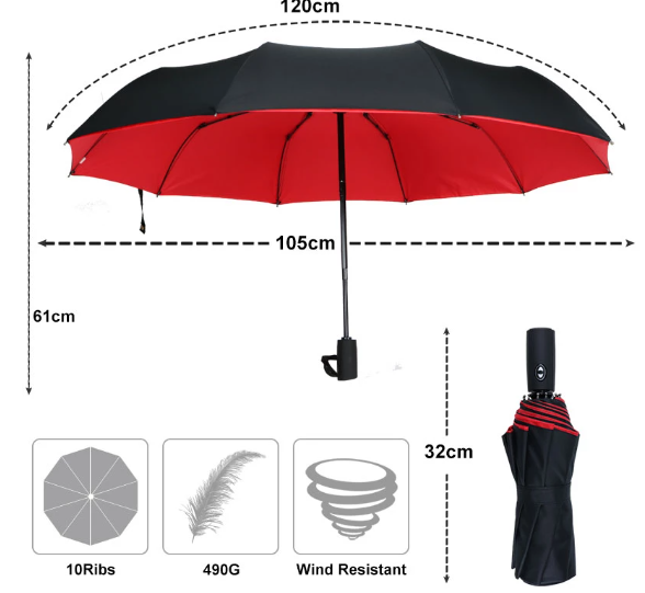 Kompakter, sturmfester Regenschirm mit winddichter Konstruktion, ideal für Camping und Wandern bei schlechtem Wetter.