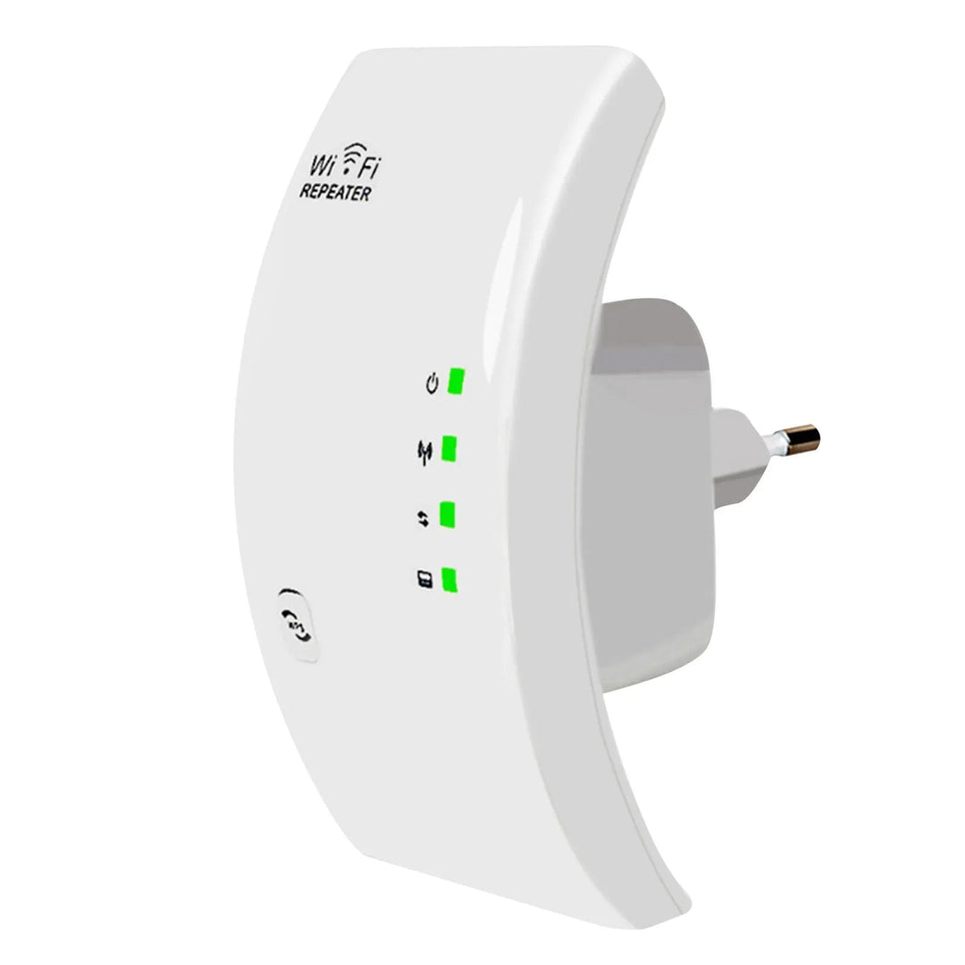 "Kompakter weißer WiFi-Verstärker in Steckdose, erweitert das WLAN-Signal, ideal für schnelles Internet bis 300 Mbps."