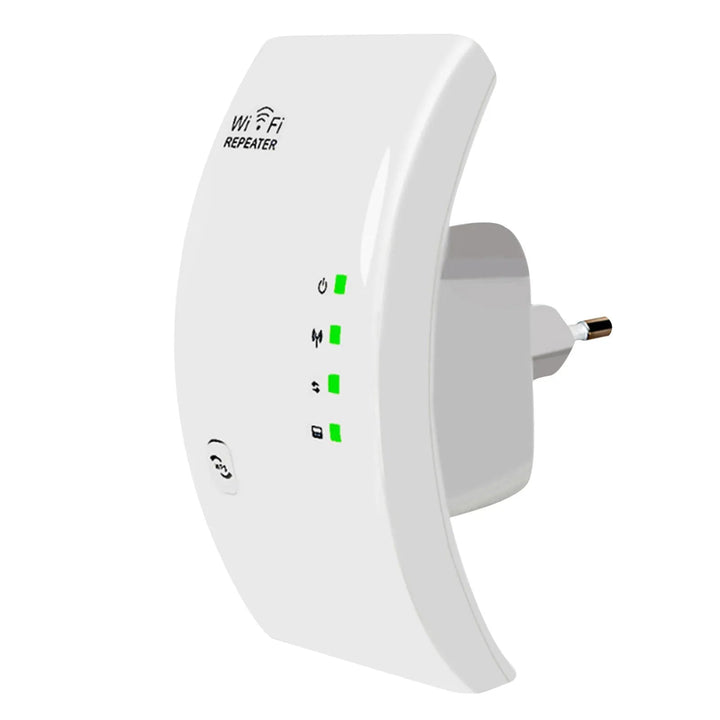 "Kompakter weißer WiFi-Verstärker in Steckdose, erweitert das WLAN-Signal, ideal für schnelles Internet bis 300 Mbps."