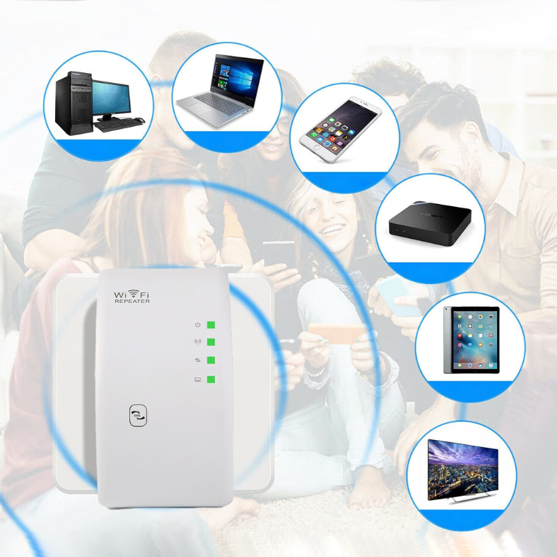 "Kompakter weißer WiFi-Verstärker in Steckdose, erweitert das WLAN-Signal, ideal für schnelles Internet bis 300 Mbps."