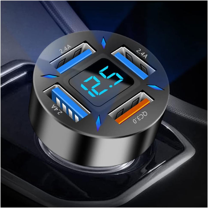 "Kompaktes 66W Autoladegerät mit USB PD und QC 3.0 für superschnelles Laden, Schwarz, passt in 12-24V Steckdosen."