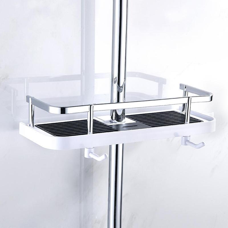 Kompaktes Duschregal ohne Bohren aus Aluminium, stilvolles Design, bietet platzsparende Lagerung für Shampoo und Seife.