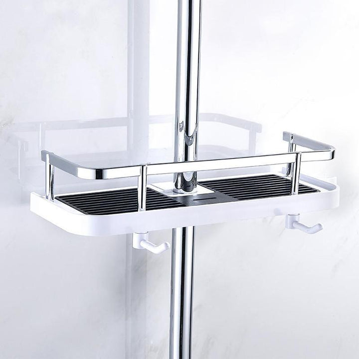 Kompaktes Duschregal ohne Bohren aus Aluminium, stilvolles Design, bietet platzsparende Lagerung für Shampoo und Seife.