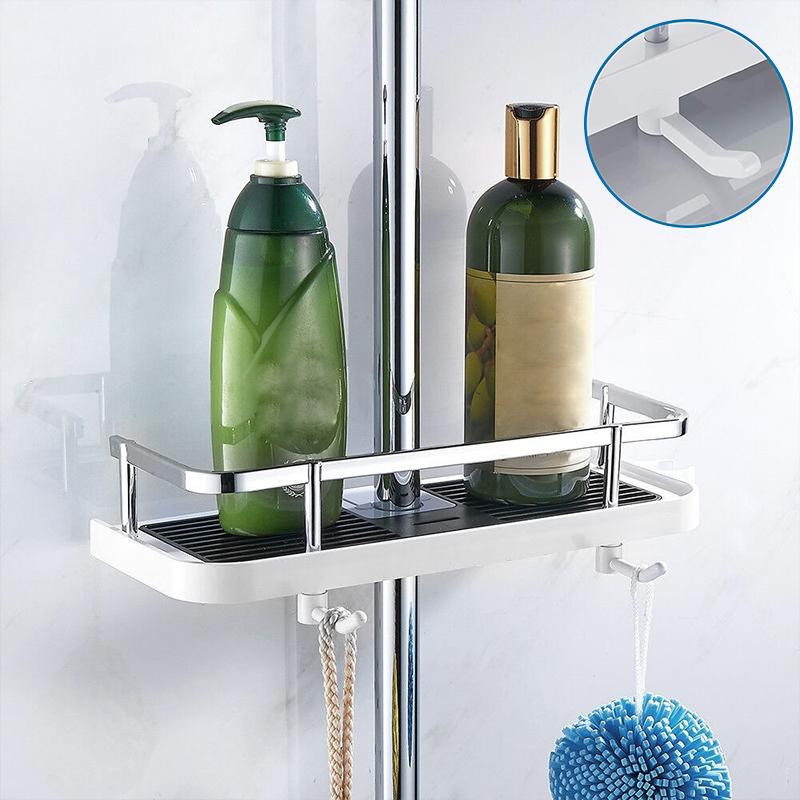Kompaktes Duschregal ohne Bohren aus Aluminium, stilvolles Design, bietet platzsparende Lagerung für Shampoo und Seife.
