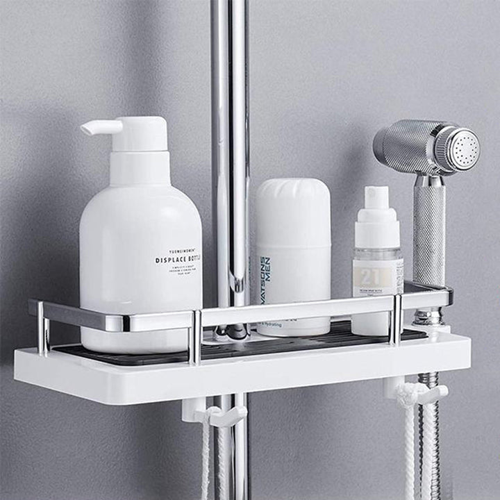Kompaktes Duschregal ohne Bohren aus Aluminium, stilvolles Design, bietet platzsparende Lagerung für Shampoo und Seife.