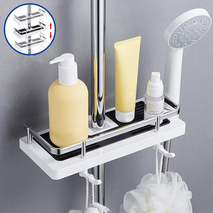Kompaktes Duschregal ohne Bohren aus Aluminium, stilvolles Design, bietet platzsparende Lagerung für Shampoo und Seife.