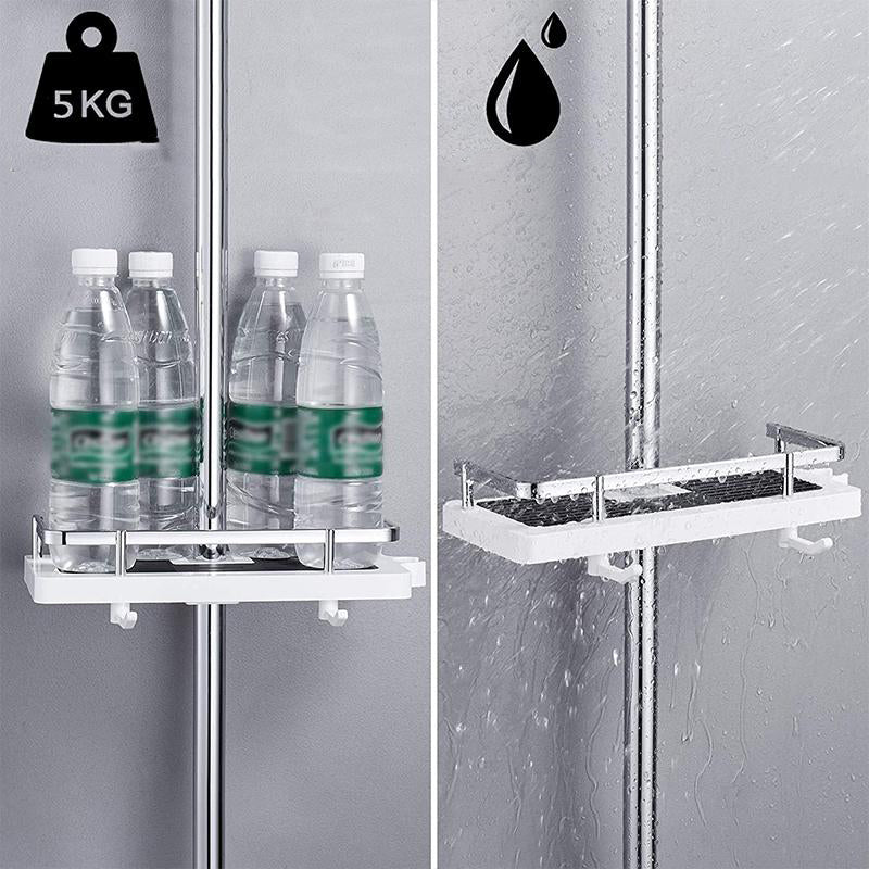 Kompaktes Duschregal ohne Bohren aus Aluminium, stilvolles Design, bietet platzsparende Lagerung für Shampoo und Seife.