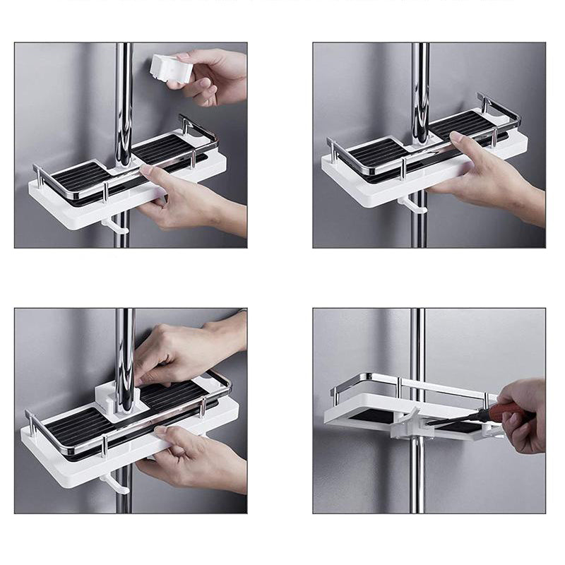 Kompaktes Duschregal ohne Bohren aus Aluminium, stilvolles Design, bietet platzsparende Lagerung für Shampoo und Seife.
