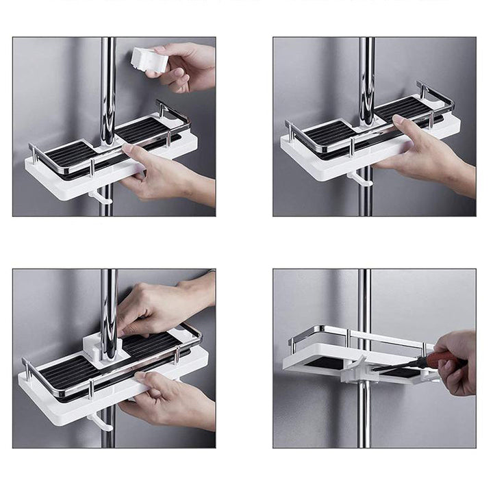 Kompaktes Duschregal ohne Bohren aus Aluminium, stilvolles Design, bietet platzsparende Lagerung für Shampoo und Seife.