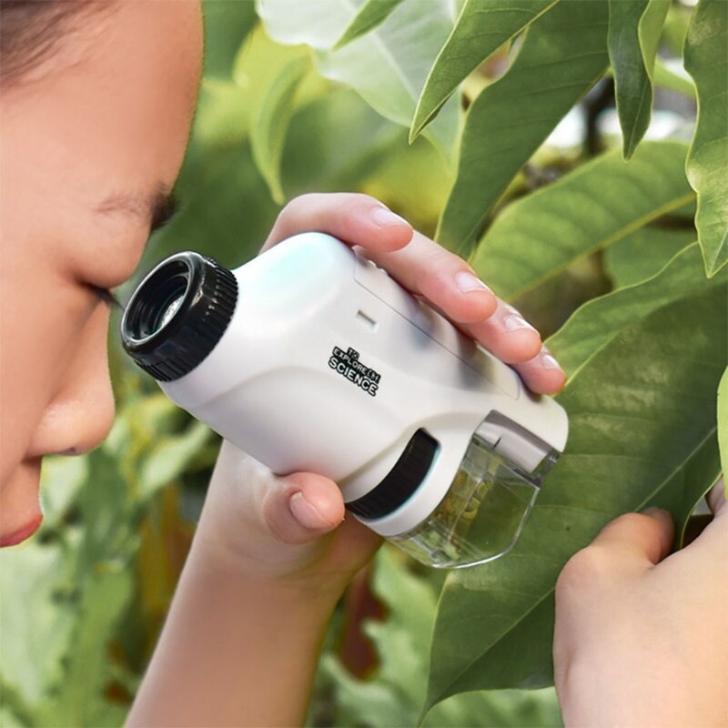 Kompaktes Kinder-Mikroskop in Blau, tragbar mit LED, ideal zum Entdecken von Insekten, Pflanzen und Steinen.