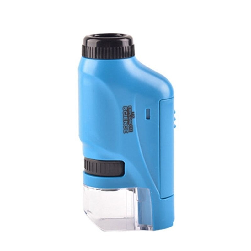Kompaktes Kinder-Mikroskop in Blau, tragbar mit LED, ideal zum Entdecken von Insekten, Pflanzen und Steinen.