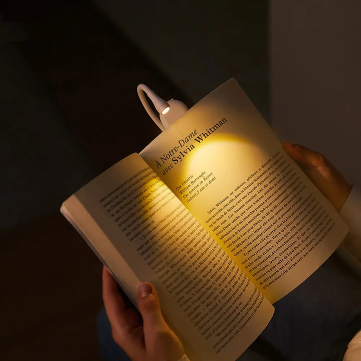 "Kompaktes Mini Buchlicht: dimmbar, USB-ladbar, mit flexiblem 360° Clip für optimales Lesevergnügen unterwegs."