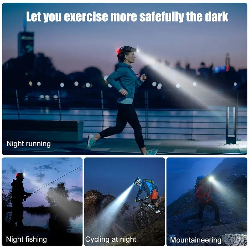 "Kraftvolle wasserfeste LED Stirnlampe mit Zoom und USB-wiederaufladbarem Akku, superhell, ideal für Outdoor-Abenteuer."