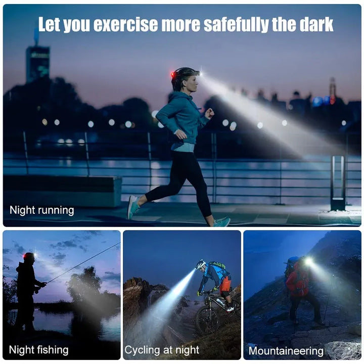 "Kraftvolle wasserfeste LED Stirnlampe mit Zoom und USB-wiederaufladbarem Akku, superhell, ideal für Outdoor-Abenteuer."