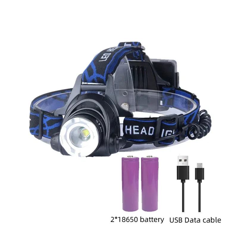 "Kraftvolle wasserfeste LED Stirnlampe mit Zoom und USB-wiederaufladbarem Akku, superhell, ideal für Outdoor-Abenteuer."