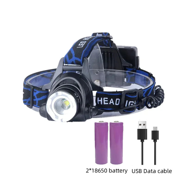 "Kraftvolle wasserfeste LED Stirnlampe mit Zoom und USB-wiederaufladbarem Akku, superhell, ideal für Outdoor-Abenteuer."