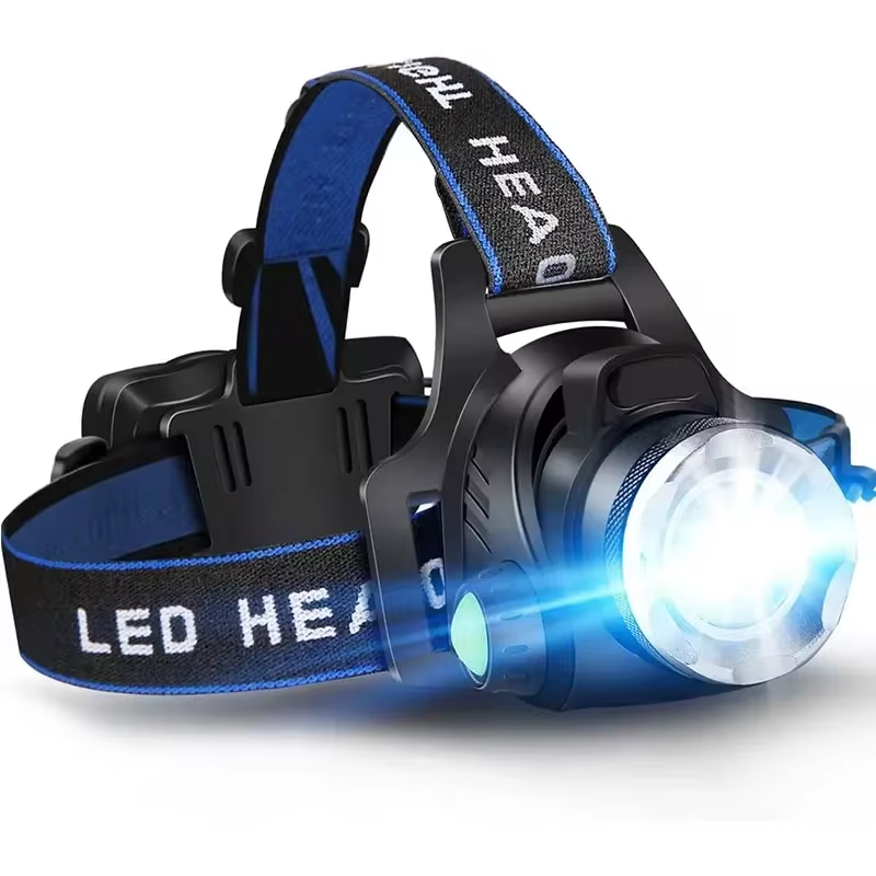 "Kraftvolle wasserfeste LED Stirnlampe mit Zoom und USB-wiederaufladbarem Akku, superhell, ideal für Outdoor-Abenteuer."