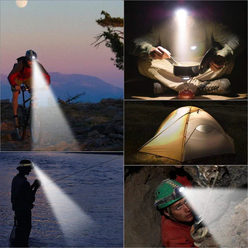 "Kraftvolle wasserfeste LED Stirnlampe mit Zoom und USB-wiederaufladbarem Akku, superhell, ideal für Outdoor-Abenteuer."