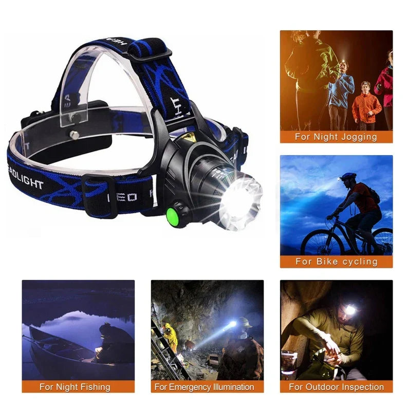 "Kraftvolle wasserfeste LED Stirnlampe mit Zoom und USB-wiederaufladbarem Akku, superhell, ideal für Outdoor-Abenteuer."