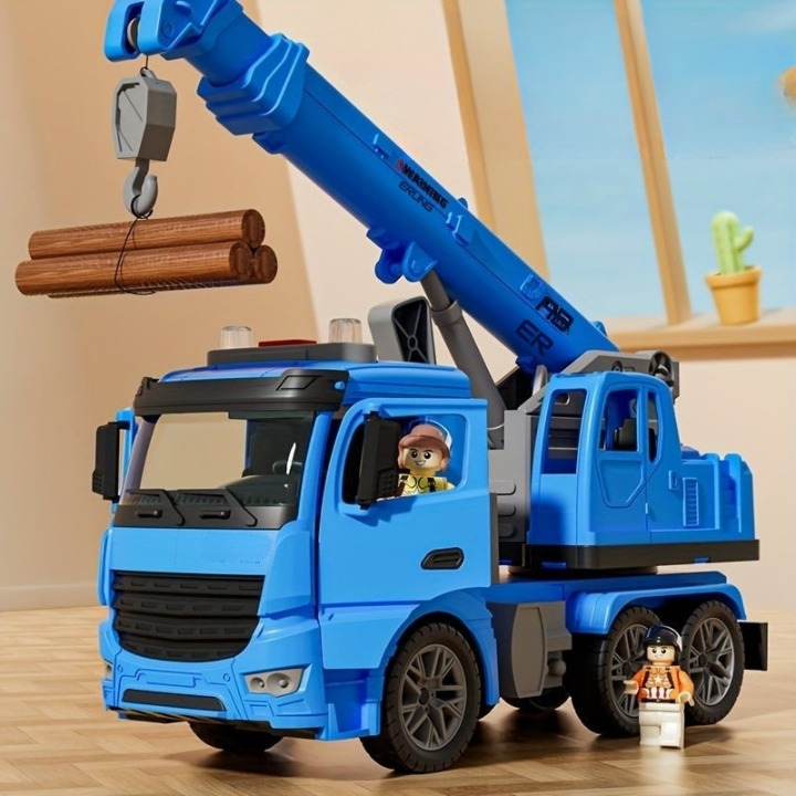 Kranwagen-Spielzeug mit Licht, Sound und beweglichem Ausleger. Gelbe und blaue Farben, aus robustem ABS-Kunststoff.