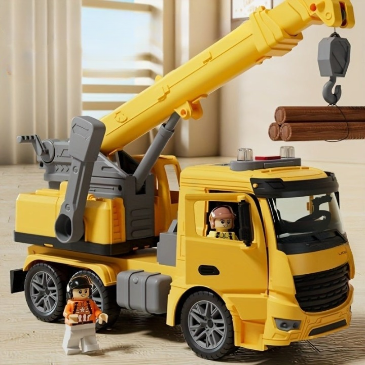 Kranwagen-Spielzeug mit Licht, Sound und beweglichem Ausleger. Gelbe und blaue Farben, aus robustem ABS-Kunststoff.