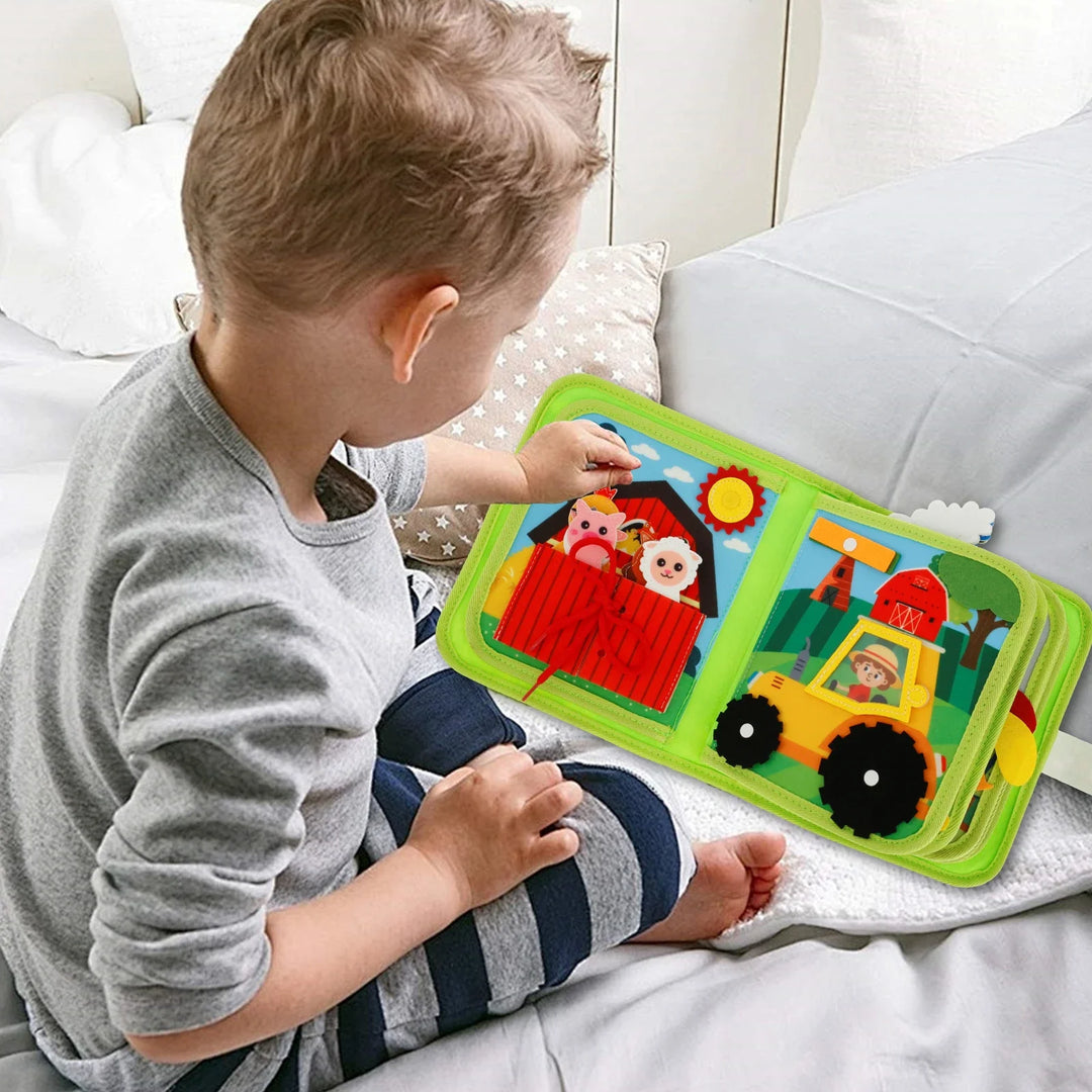 Kreatives Montessori Farm Geschichten Buch für Kinder mit farbenfrohen Tierillustrationen, die spielerisches Lernen fördern.