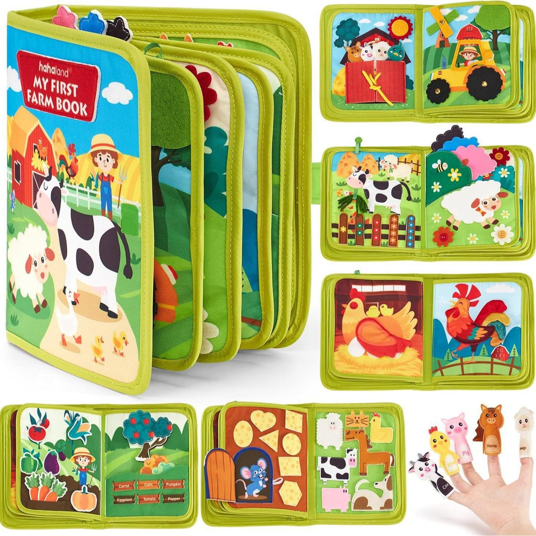 Kreatives Montessori Farm Geschichten Buch für Kinder mit farbenfrohen Tierillustrationen, die spielerisches Lernen fördern.
