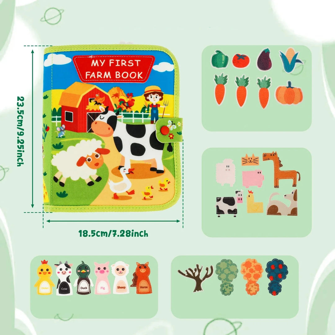 Kreatives Montessori Farm Geschichten Buch für Kinder mit farbenfrohen Tierillustrationen, die spielerisches Lernen fördern.