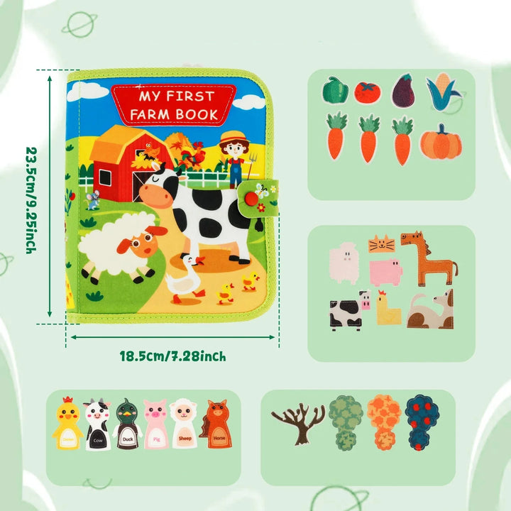 Kreatives Montessori Farm Geschichten Buch für Kinder mit farbenfrohen Tierillustrationen, die spielerisches Lernen fördern.